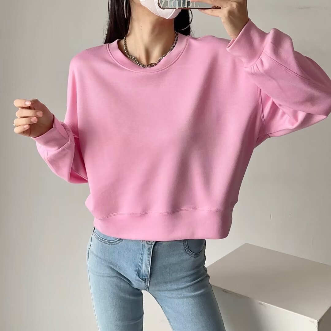 LuLu casual round neck sweater for women 2024 spring new European and American ins simple loose sports pullover slimming top
