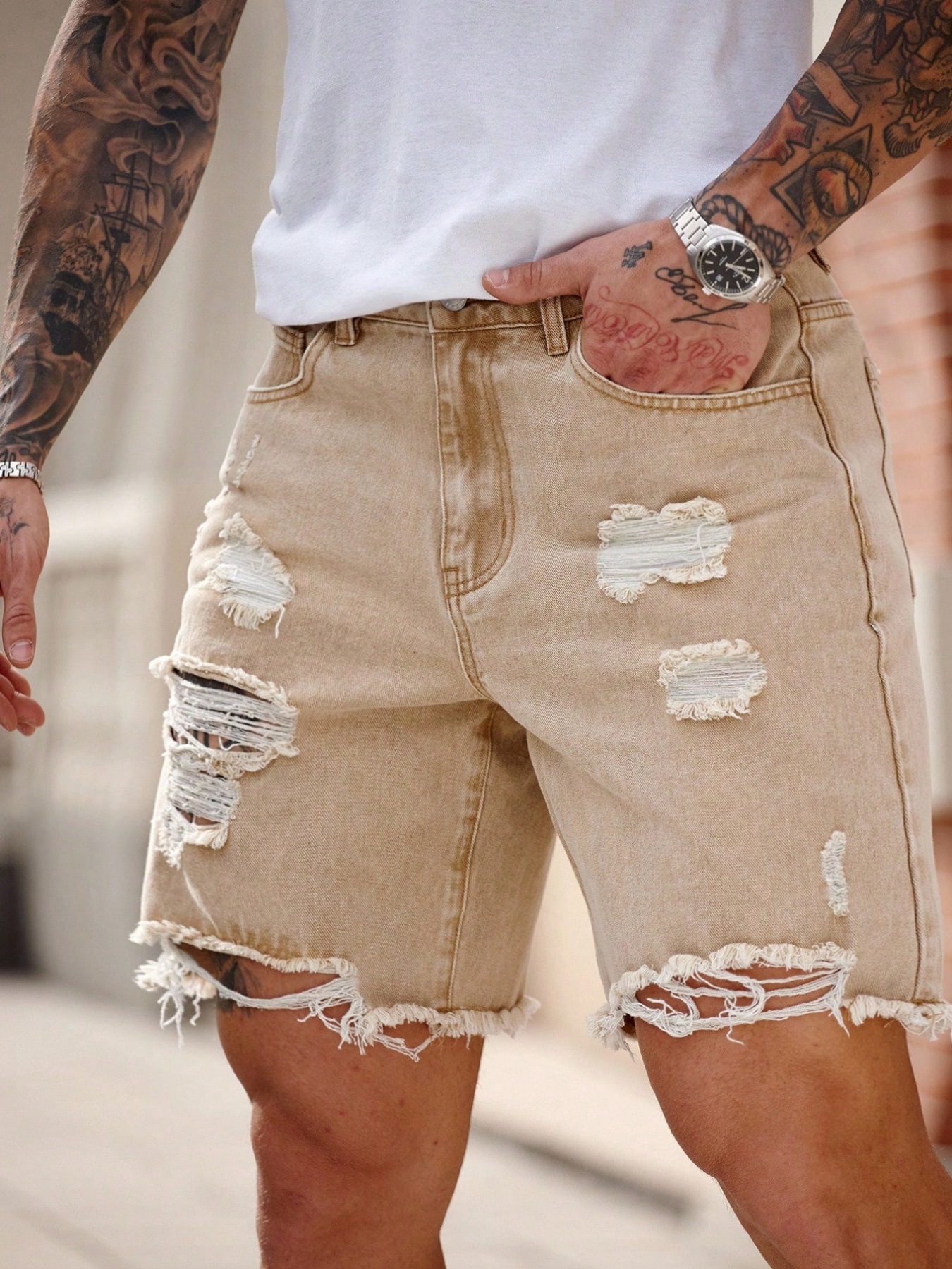 Khaki Denim Shorts For Men Distressed Details Frayed Edges Casual Five Point Design Summer Fashion American Style_viptrois.com