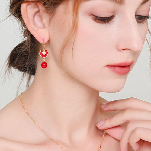 Guochao Silver Earrings with Red Oil Drip, Diamond Inlay, and Pearl Drops - Simple and Elegant Christmas and New Year Earrings for Women