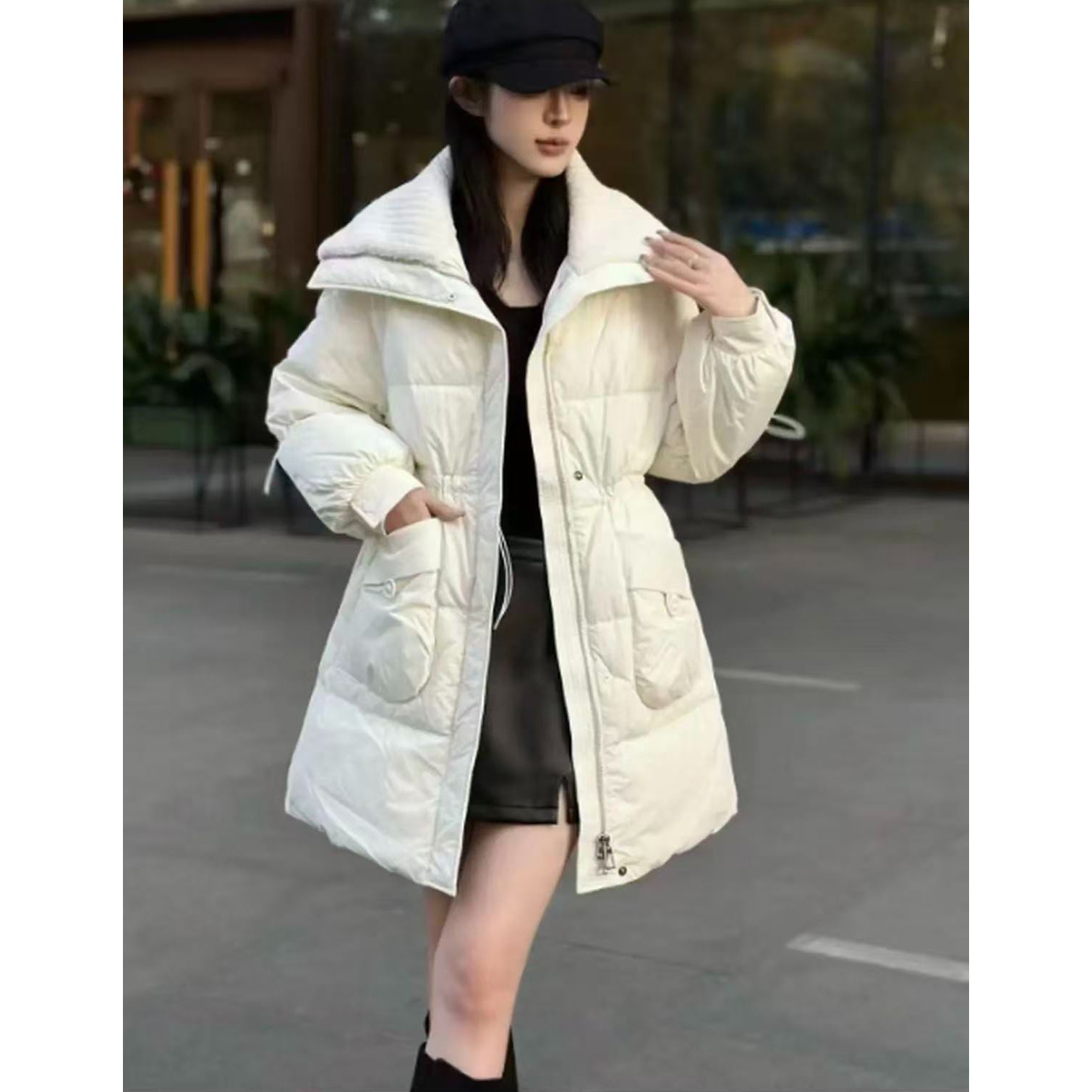 Y910 冬款时尚洋气减龄大翻领抽身收腰女式中长款羽绒服JR