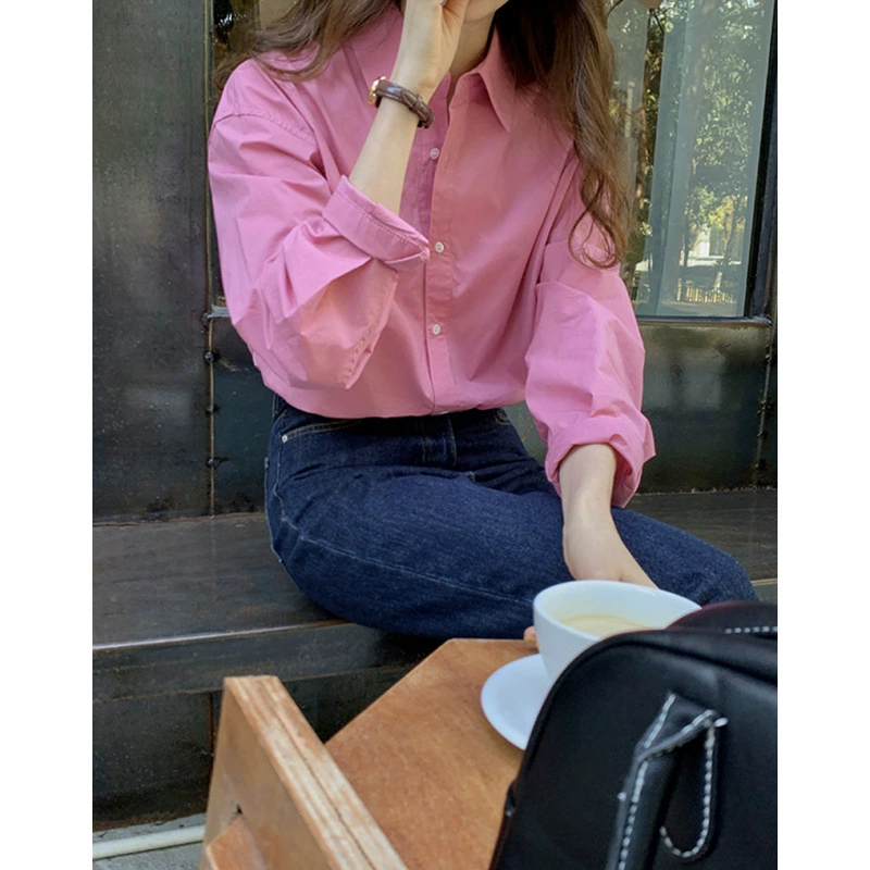 Осень 2024 новый французский топ с длинными рукавами с нишевым дизайнерским чувством розовый солнцезащитный крем рубашка рубашка женская