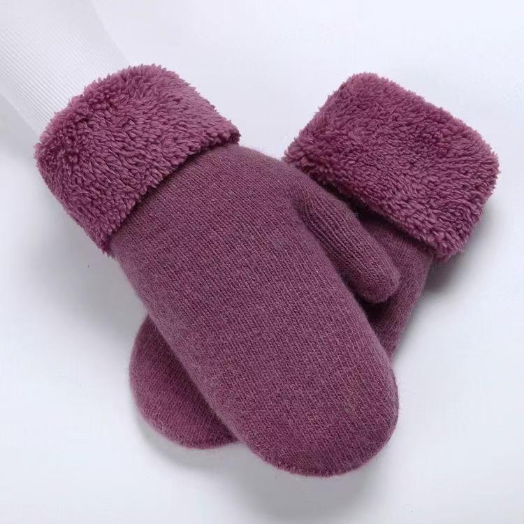 Cross-border super thick rabbit wool warm gloves wholesale fashion women's double thick solid color flanging mittens