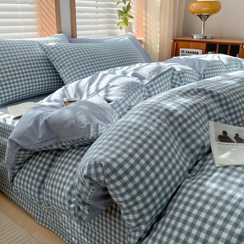 Juego de cuatro piezas de algodón lavado teñido en hilo para estudiantes 2025 nuevo juego de sábanas de edredón de dormitorio de estudiantes de tres piezas