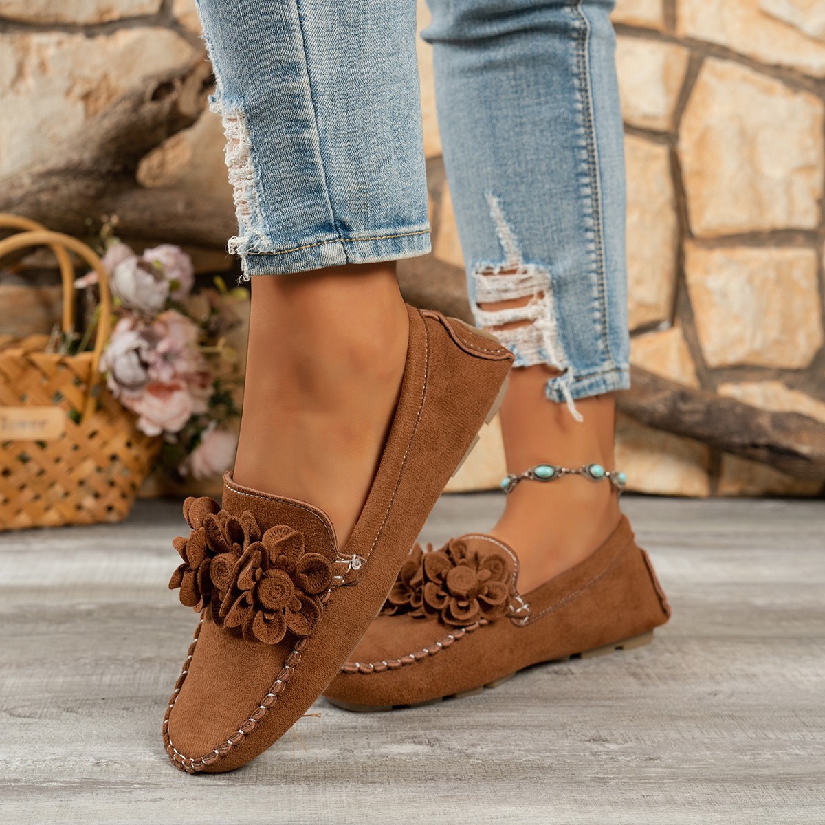 Wish 2024 Spring/Summer New European And American Style Square-Toed Flat Flower Loafers Women's Casual Slip-On_vogvips.com
