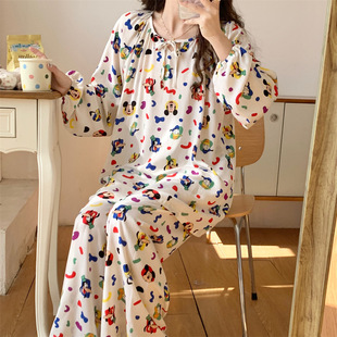 High-grade cotton silk pajamas women's summer spring and autumn cartoon long sleeve girl's sweet artificial cotton can be worn thin suit