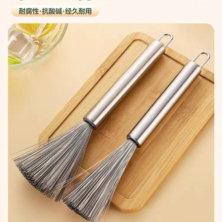 New Stainless Steel Pot Brush Kitchen Wire Brush Long Handle Hangable Cleaning and Degreasing Brush Pot Washing Pot Brush Artifact