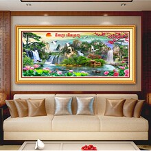 青飞流水生财荷花图十字绣旭日东升梅花图大幅客厅柬埔寨新款线绣