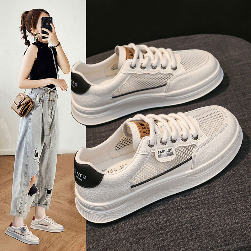 Versatile Genuine Leather Trendy Summer White Sneakers for Women 2025 New Breathable Mesh Thick-Soled Casual Sports Shoes