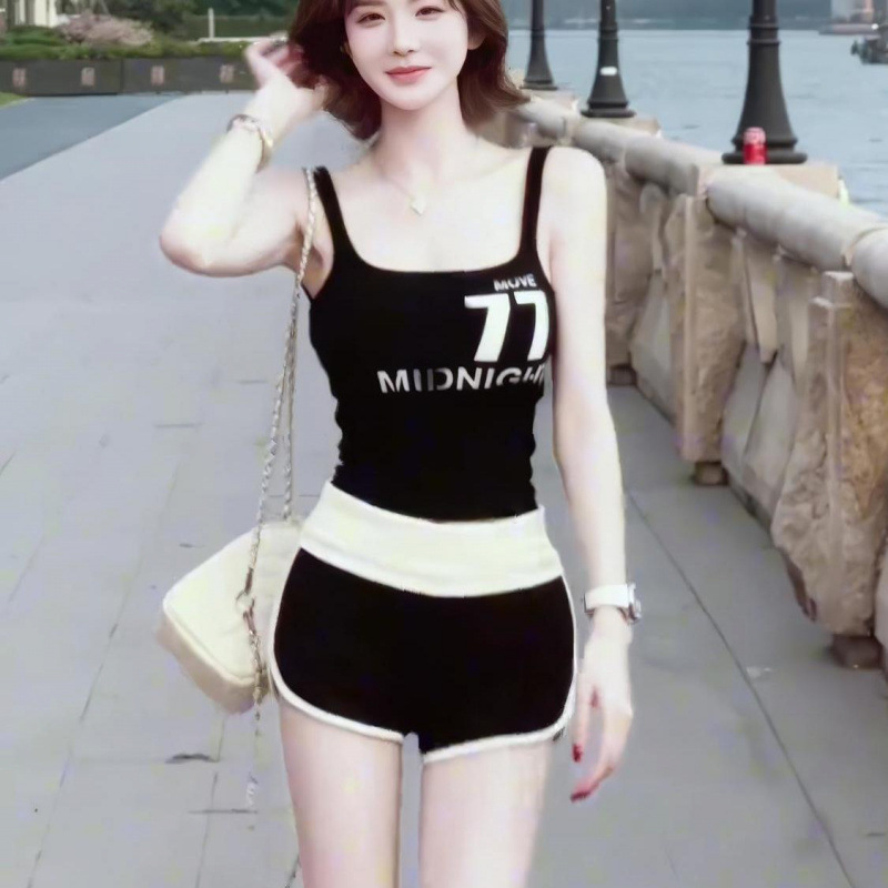 韓国黒 77 レタープリントキャミソールショーツ女性の 2025 夏の新しいホットガールショートツーピースセット|undefined