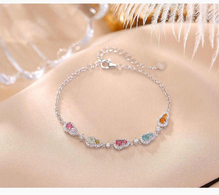 Vòng tay nữ bạc S925 mạ vàng hồng đính tourmaline nhiều màu phong cách Trung Quốc — Mẫu bạc (màu tourmaline là ngẫu nhiên) chi tiết 3