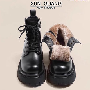 Genuine leather snow boots for women 2025 new autumn and winter velvet short boots fashionable warm northeastern cotton shoes thick-soled Martin boots