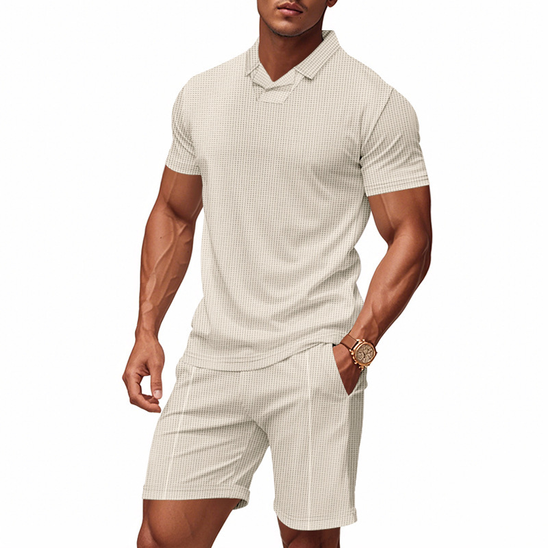 Men's American Style Relaxed Fit Summer Waffle Knit Polo Shirt And Shorts Set, Casual Breathable Two-Piece Outfit_viptrois.com