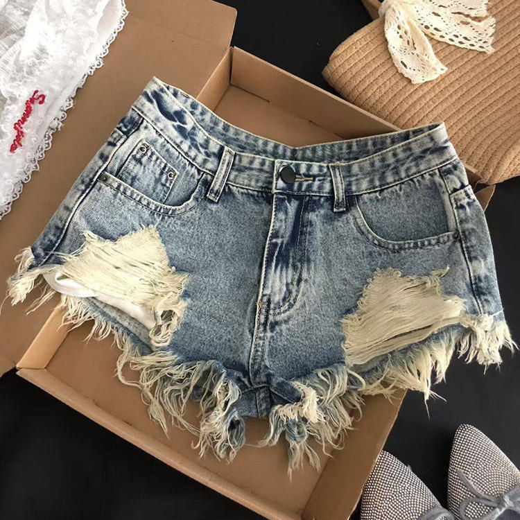American-Style Spicy Girl Denim Shorts That Show Long Legs, Irregular Ripped Design with Exposed Pockets, Versatile Hot Pants for Women in Summer