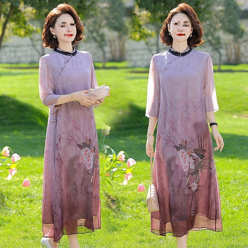 妈妈夏装连衣裙新款复古洋气印花中老年气质女装夏季旗袍国风裙子