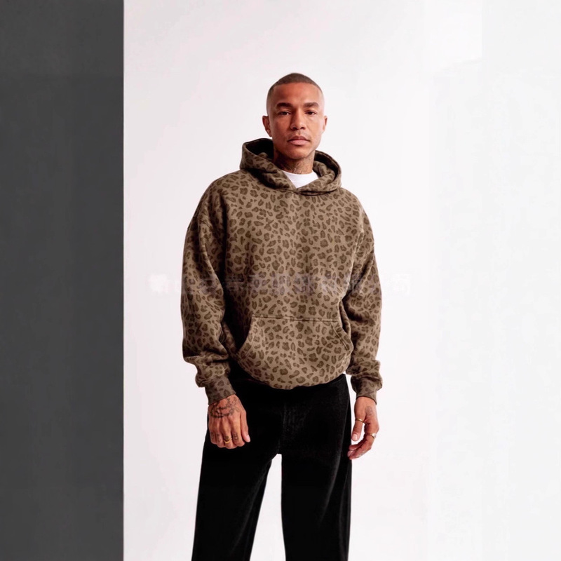 Cross-Border Autumn and Winter American Style Men's Retro Leopard Print 3D Digital Versatile Zip-Up Pullover Hooded Sweatshirt Jacket with Fleece Lining