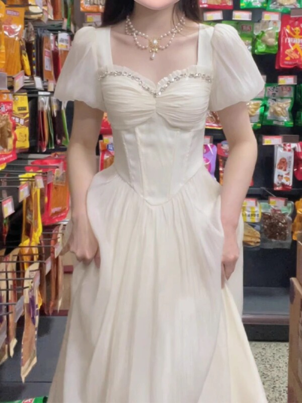 White Dress Women's Heavy Industry Diamond-encrusted Birthday Princess Dress Temperament Long Dress Tight Waist Slimming Gentle Style Fairy Dress