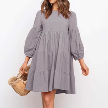 现货跨境女装2023亚马逊棉麻圆领灯笼袖宽松拼接超大摆春秋连衣裙