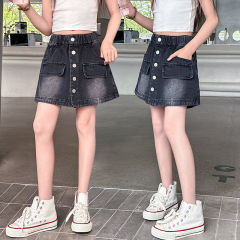 女童牛仔短褲2024夏季新款中大童洋氣女裙褲高腰顯瘦潮酷工裝短褲