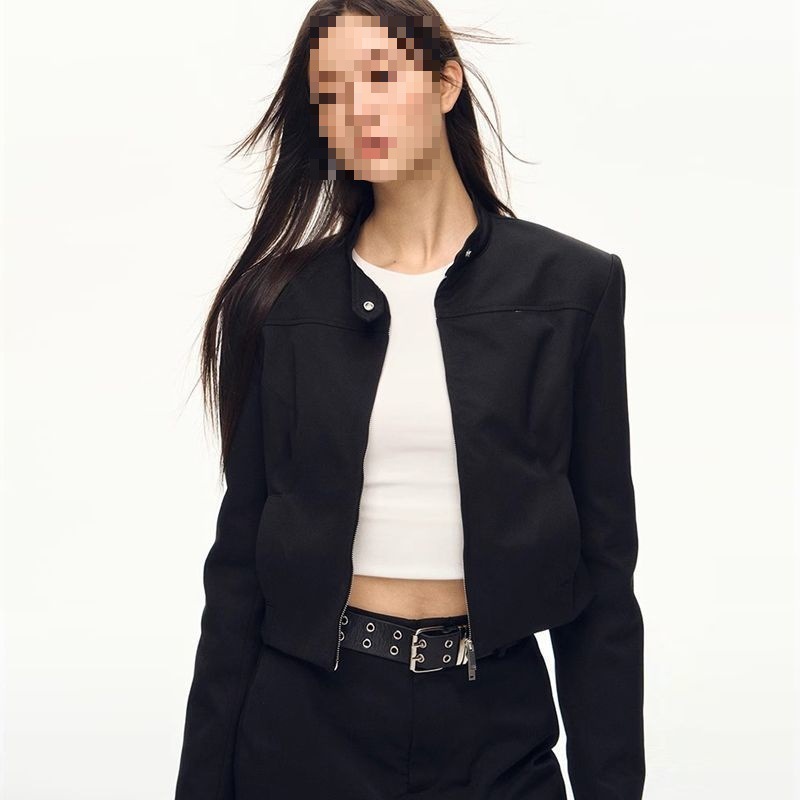 美式复古甜酷辣妹风黑色立领短款外套女春季修身显瘦夹克上衣潮|undefined