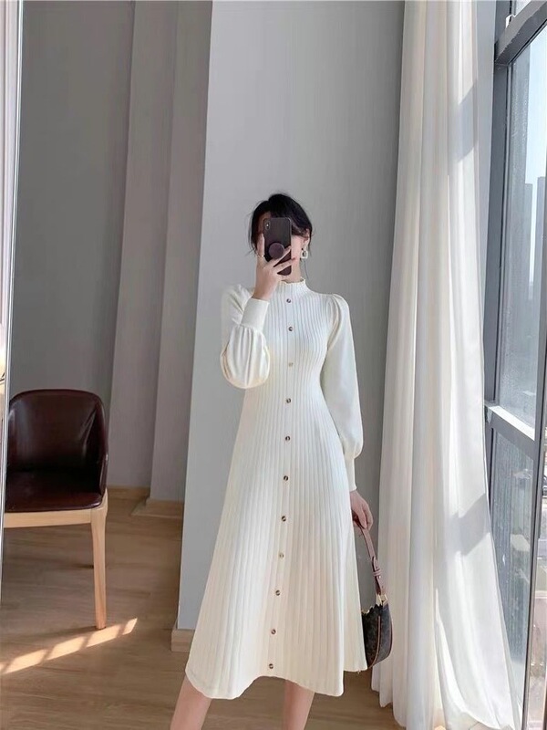 2024 New Autumn and Winter Korean Style Sweater Skirt Half Turtleneck Inner Mid-Length Knitted Long-Sleeved Dress for Women