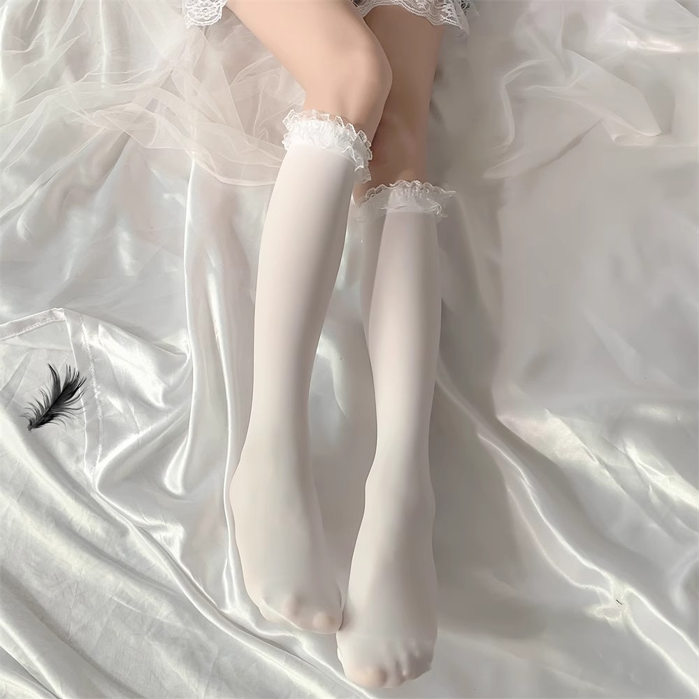 中筒蕾丝花边袜子女薄 洛丽塔白色可爱jk天鹅绒袜ins潮小腿袜