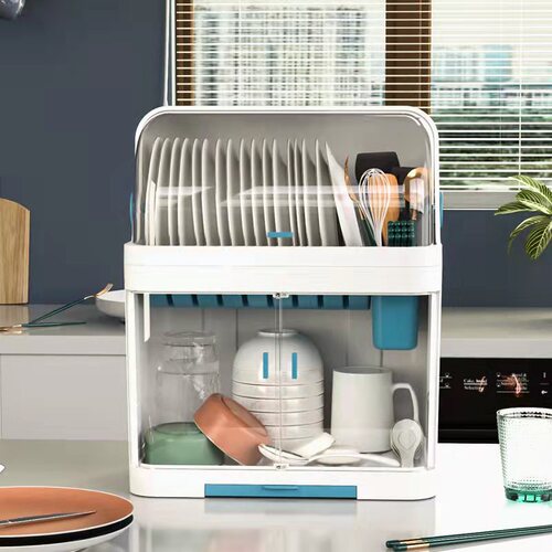 Tableware storage box, kitchen double-layer dish rack with cover for tableware, dishware, drain rack, plastic cupboard