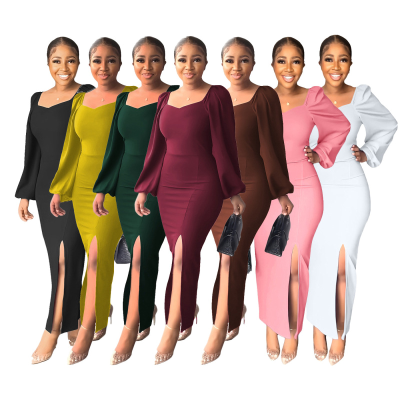European and American women's clothing Amazon AliExpress hot sale solid color long sleeve sexy backless hip slit one-step skirt dress European and American women's clothing Amazon AliExpress hot sale solid color long sleeve sexy backless hip slit one-step skirt dress