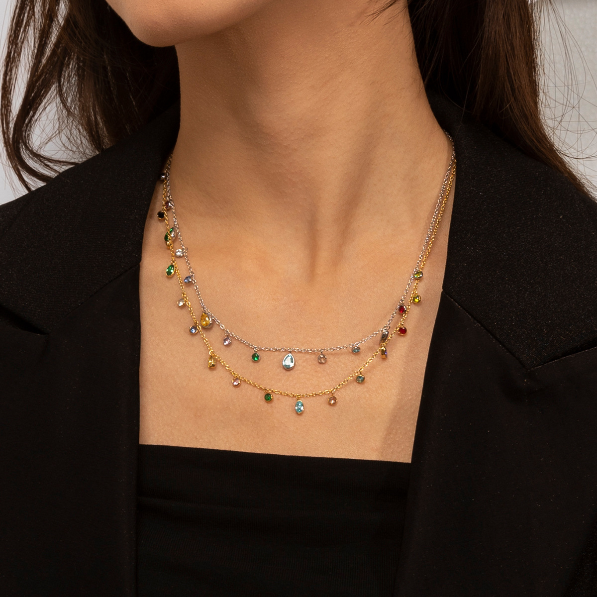 Collar de acero inoxidable de la UE y los EE.UU. ligeramente lujoso colgante de gota de agua de zircón conjunto de joyas de venta cruzada image 1