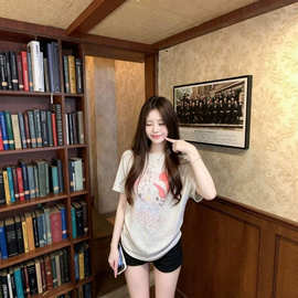 韩系卡通印花短袖t恤女装小猫咪夏季新款洋气减龄正肩圆领ins上衣