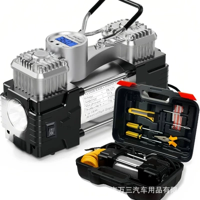 Hava nasosu – Car-Mounted Air Pump, Dual-Cylinder - pro-version-silver-digital-display-meter-with-light-metal-double-cylinder-full-copper-wire-core-with-tool-box-and-tools