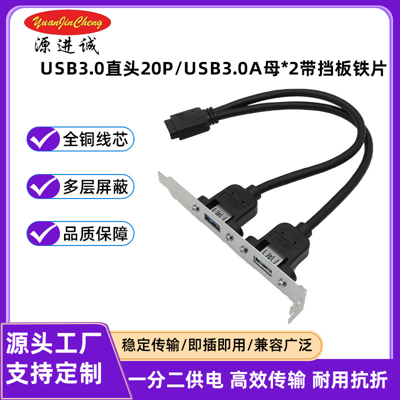 Usb3.0 Straight Connector 20P/3.0A Female*2 with Metal Shield All-Copper Core High-Speed Transmission Rear-Panel Expansion Cable