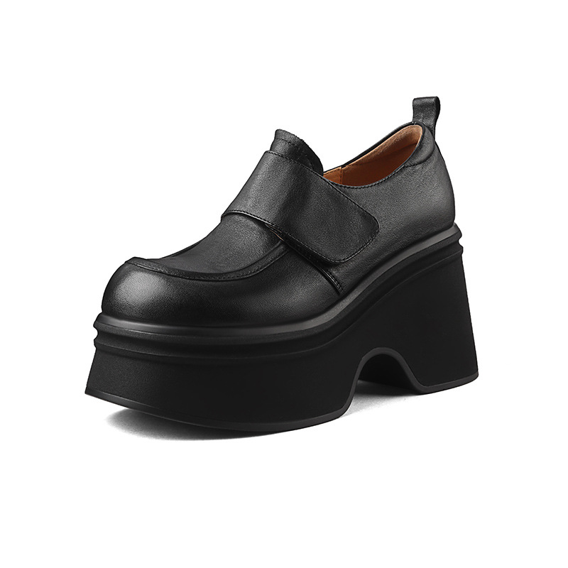 Giày loafer nữ đế xuồng cao gót 9 cm, da bò thật, quai dán tiện lợi — màu nâu, màu đen