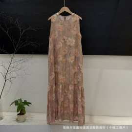 2026夏新款亚麻花色背心裙 复古民族风中式花朵印花亚麻中长款连