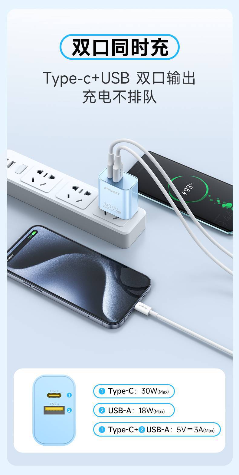 PISENQUICK亮面30W雙口GaN快充充電器(FYD-