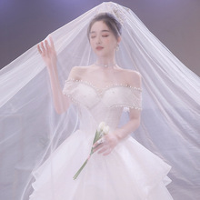 【定制】一字肩法式轻主婚纱新款新娘公主超仙小个子薄纱齐地婚纱