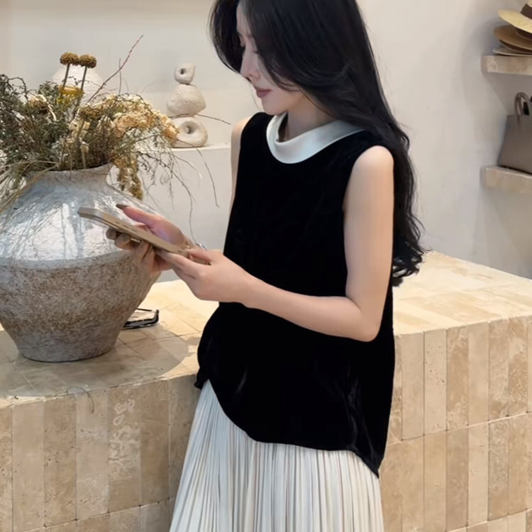 Korean-Style Design Color-Blocking Sleeveless Top T-Shirt for Women 2026 Summer New Style Elegant Versatile Slimming Velvet Top