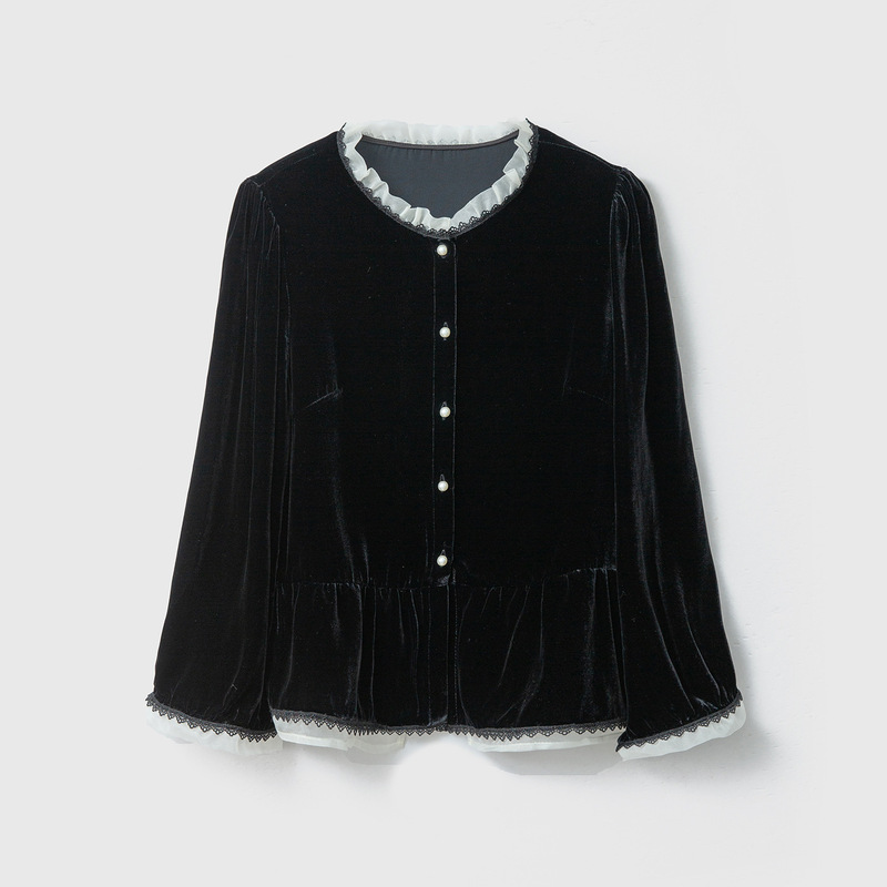 Heavy Velvet Silk Cardigan Top Round Neck Spliced Organza Lace Long-Sleeved Mulberry Silk Jacket for Women Heavy Velvet Silk Cardigan Top Round Neck Spliced Organza Lace Long-Sleeved Mulberry Silk Jacket for Women