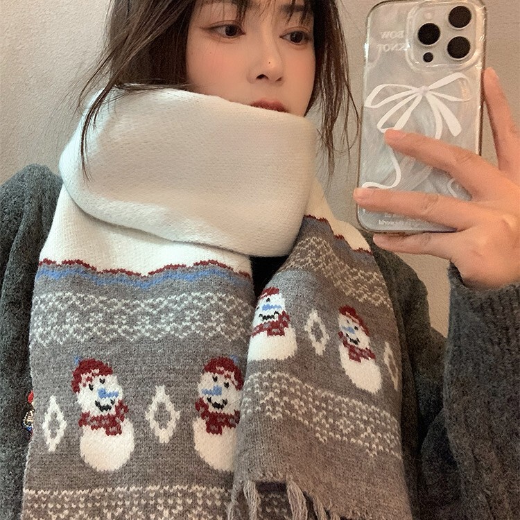 可爱雪人灰色针织围巾女冬季圣诞韩系氛围感保暖百搭学生护颈围脖|undefined
