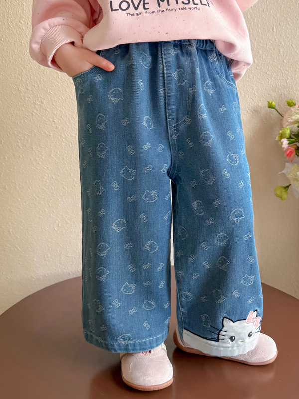 女童洋气牛仔裤春秋装2025新款儿童韩版小女孩满印可爱直筒长裤子|undefined