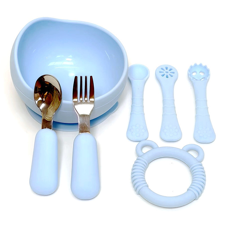 하늘색 (어린이 그릇 + 곰 치발기 + 둥근 포크 + 트레이닝 포크와 스푼)