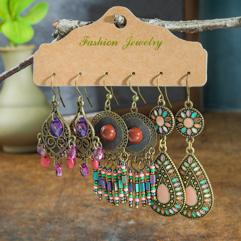 Vintage Earrings Set Combination Women's Ethnic Earrings Round Metal Tassel Earrings Cross-border Hand-woven Accessories