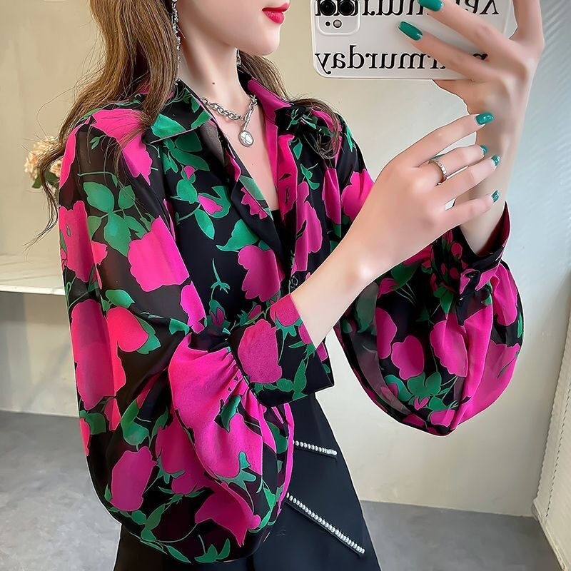 Spring and Autumn Stylish Chiffon Printed Shirt for Women 2026 New Loose Lantern Sleeve Shirt with Turn-Down Collar Fashionable Top for Women
