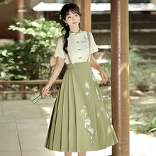 原创设计新款绿意汉服女中国风衬衣背带裙两件套8431