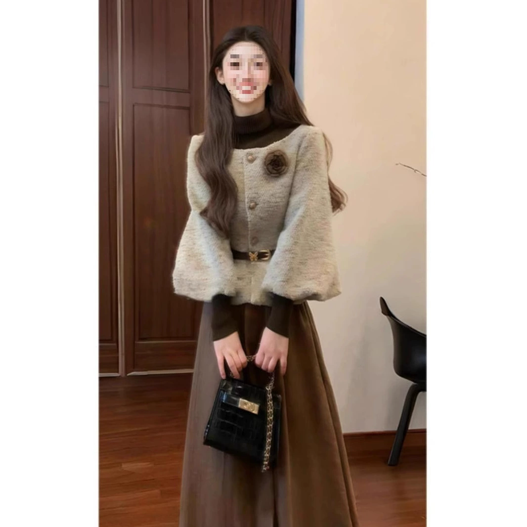 Большой размер толстый мм темперамент леди Xiao Xiangfeng с длинными рукавами кардиган куртка топ женская осенняя и зимняя талия юбка из двух частей