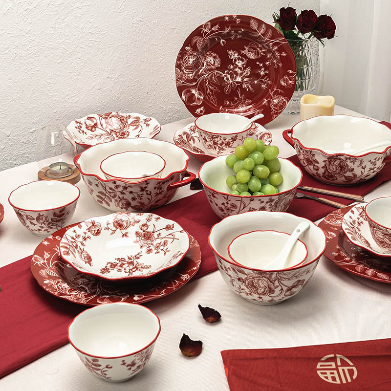 Red Rose Ceramic Tableware Light Luxury High-end Sense Bowl and Dish Wedding Gift Giving Home Housewarming High-value Dishes and Bowls Red Rose Ceramic Tableware Light Luxury High-end Sense Bowl and Dish Wedding Gift Giving Home Housewarming High-value Dishes and Bowls