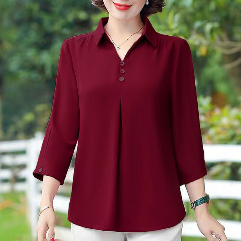 Five-Quarter Sleeve Mom Summer Solid Color Blouse, Fashionable Middle-Aged and Elderly Women's Mid-Sleeve Loose Pullover Shirt Women's Top