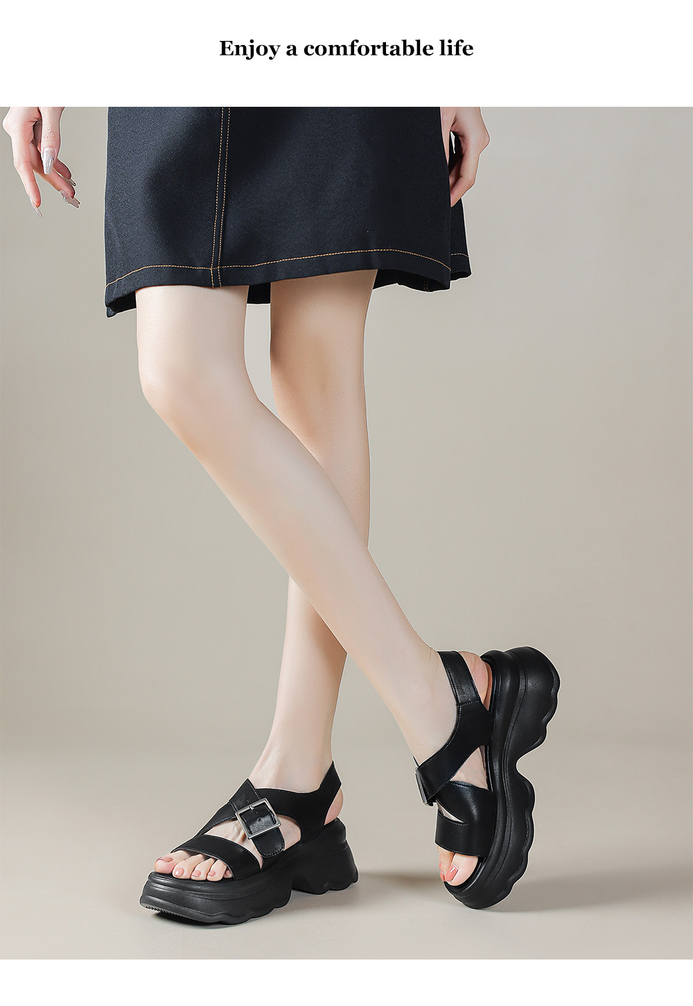 Sandal nữ đế dày quai chéo khóa thắt lưng, hở ngón phong cách La Mã, gót cao 7 cm — Màu đen chi tiết 10