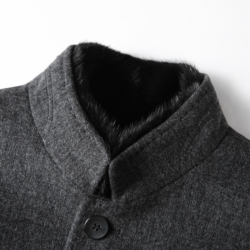 Erkek Giyim çift taraflı çıkarılabilir beyaz ördek İpek pamuk astarlı vizon dik yaka orta uzunlukta yün iş ceketi_voghion.com