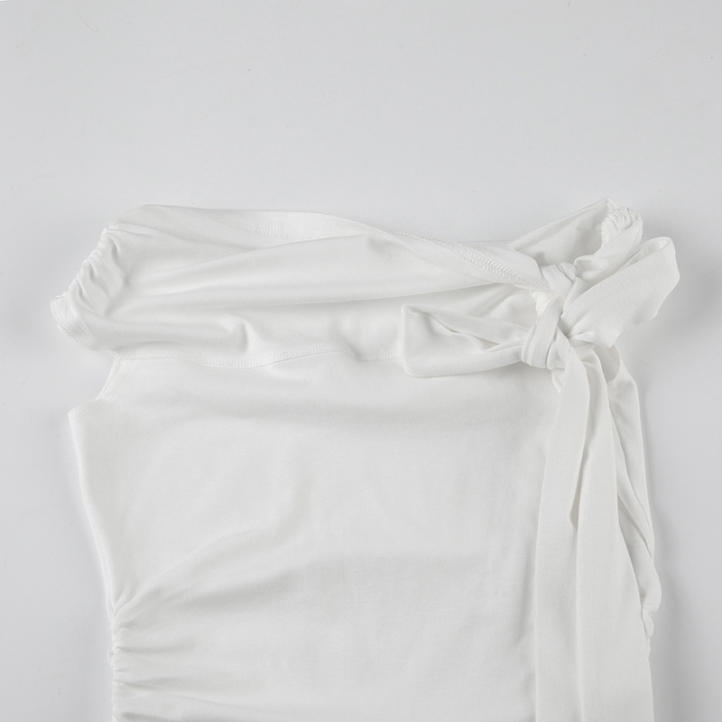 2026 Korean Version Of Chic Design Sense Asymmetrical Knotted Straps Off-the-shoulder T-shirt Pleated Waist Versatile Knitted Top_ecoleips.com