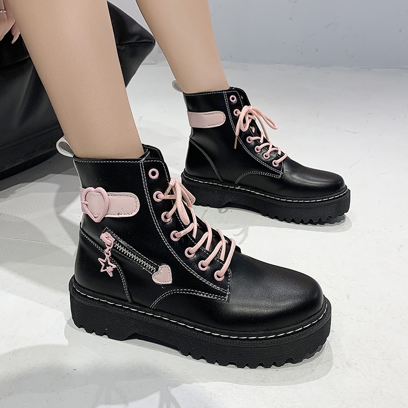 Botas de media pantorrilla para mujer, botas de moda con costuras y cordones delanteros de 4CM de suela gruesa para estudiantes, otoño 2023